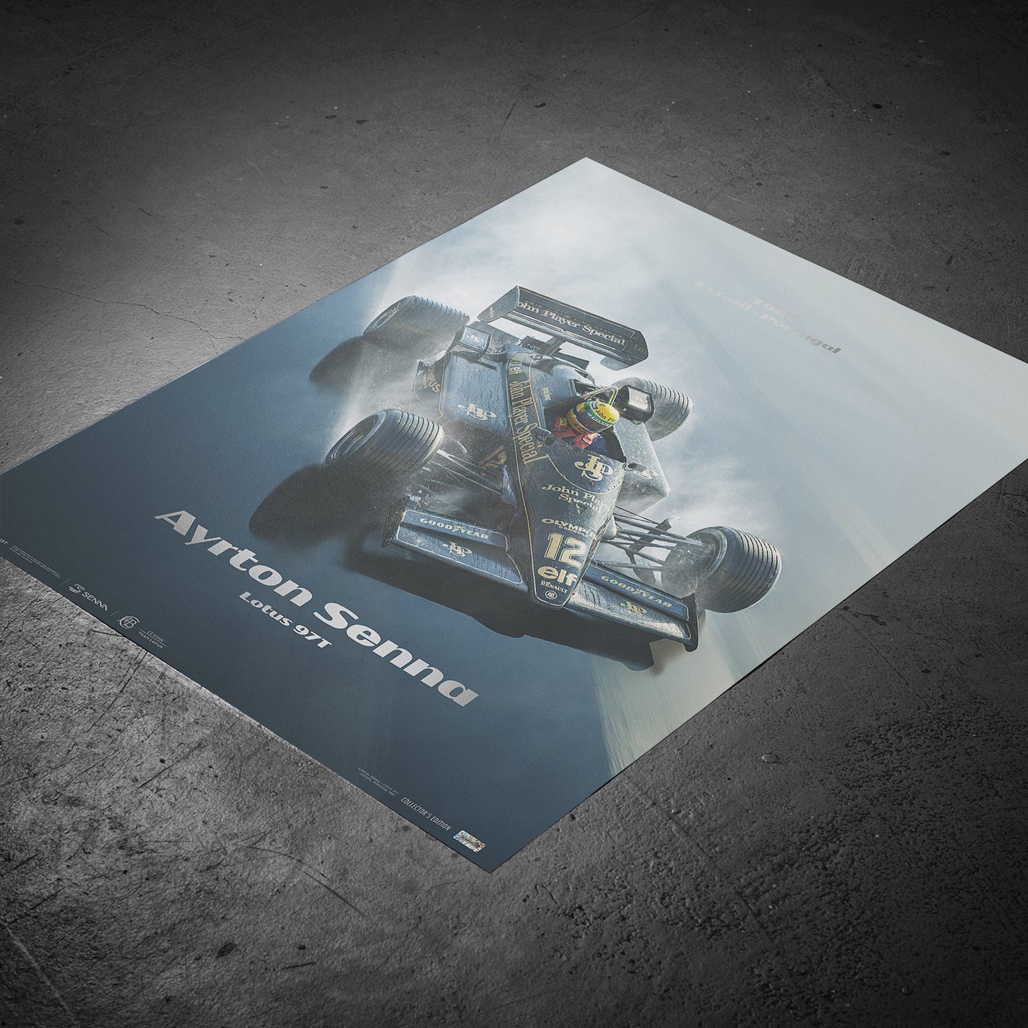 Ayrton Senna | 1985 Rainmaster 40th Anniversary Estoril Silver | Collector's Edition Lotus 97T Poster