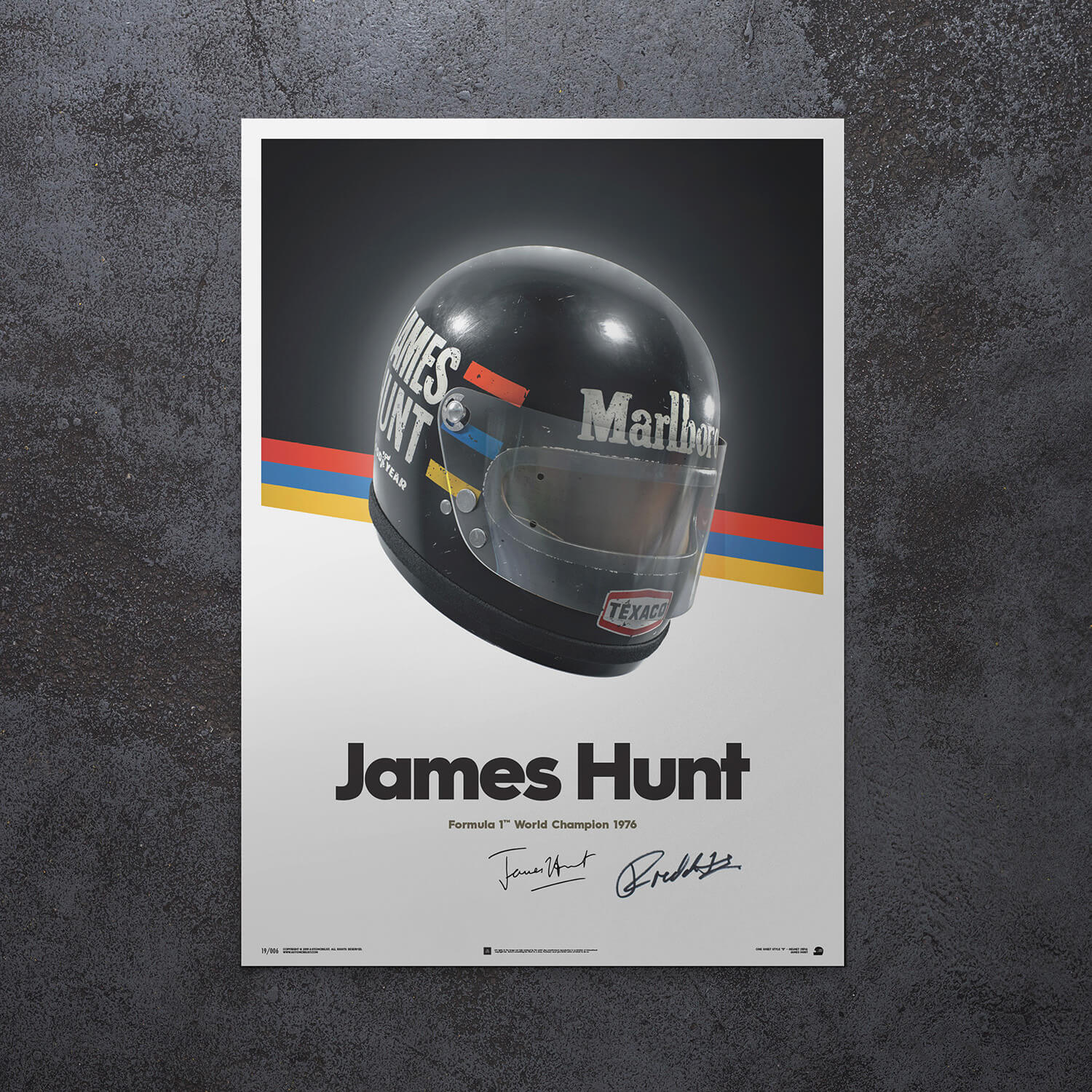 Signed by Freddie Hunt | 1976 James Hunt Helmet | James Hunt Poster