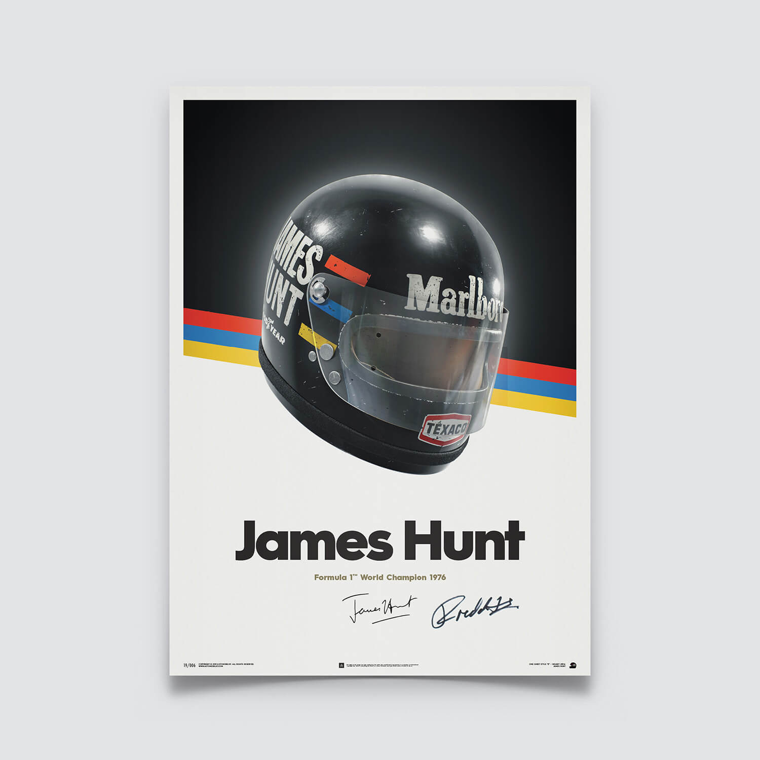 Signed by Freddie Hunt | 1976 James Hunt Helmet | James Hunt Poster