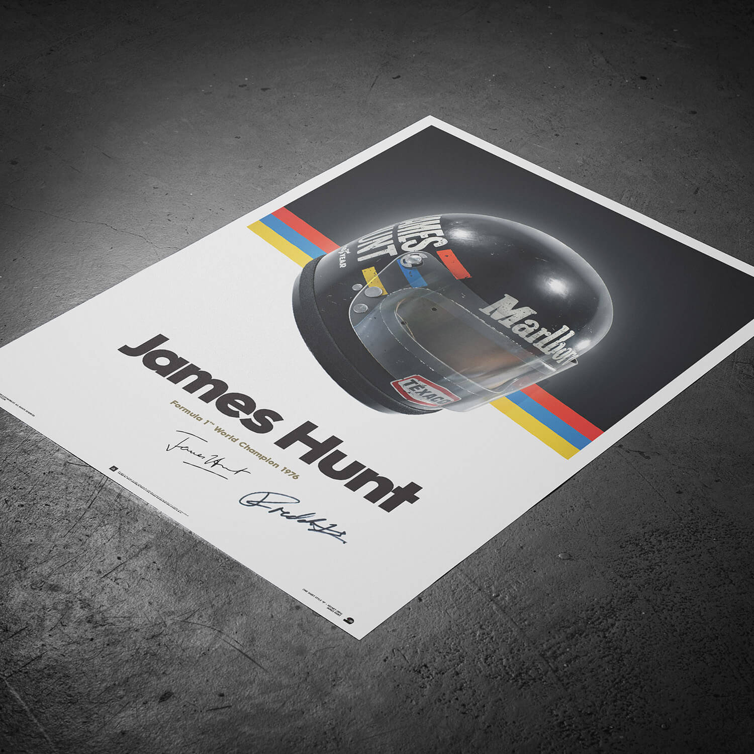 Signed by Freddie Hunt | 1976 James Hunt Helmet | James Hunt Poster