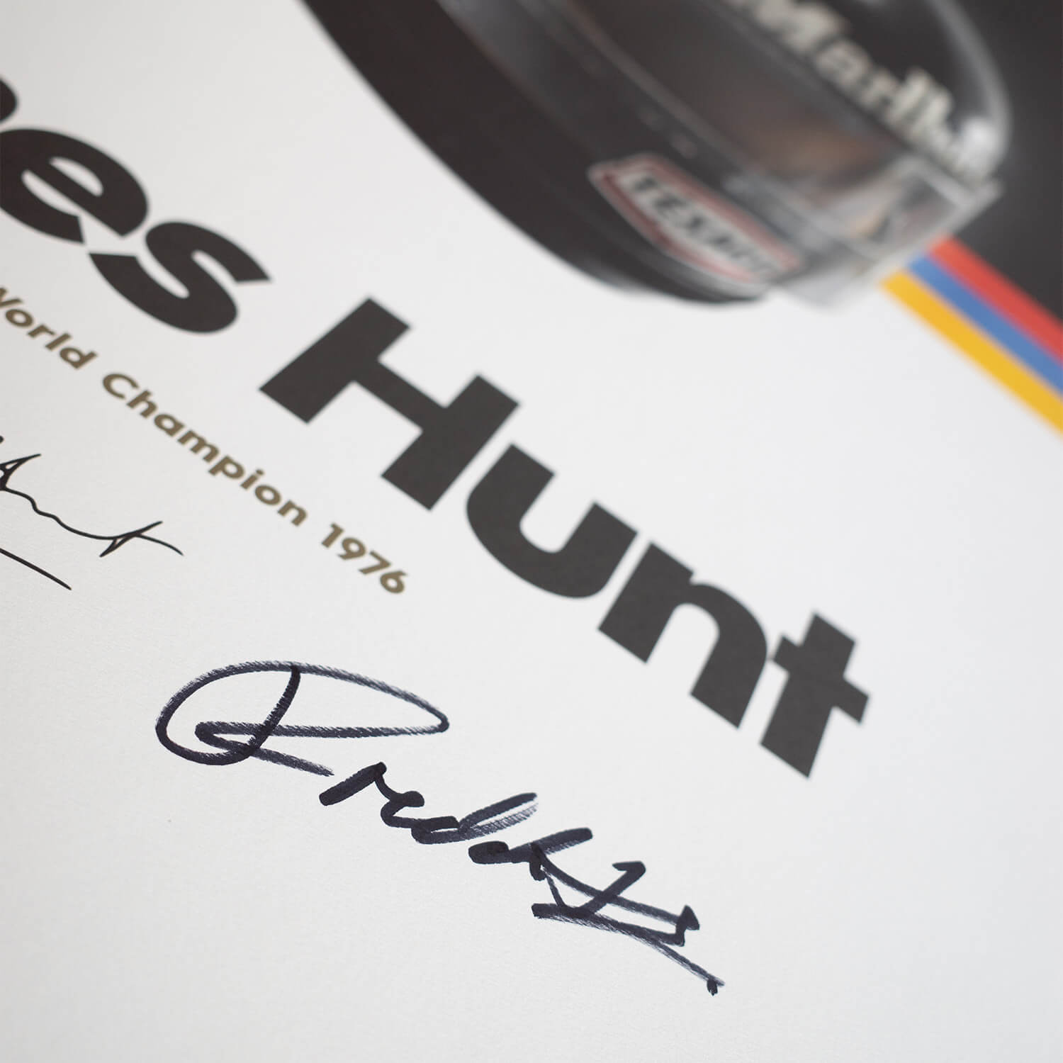 Signed by Freddie Hunt | 1976 James Hunt Helmet | James Hunt Poster