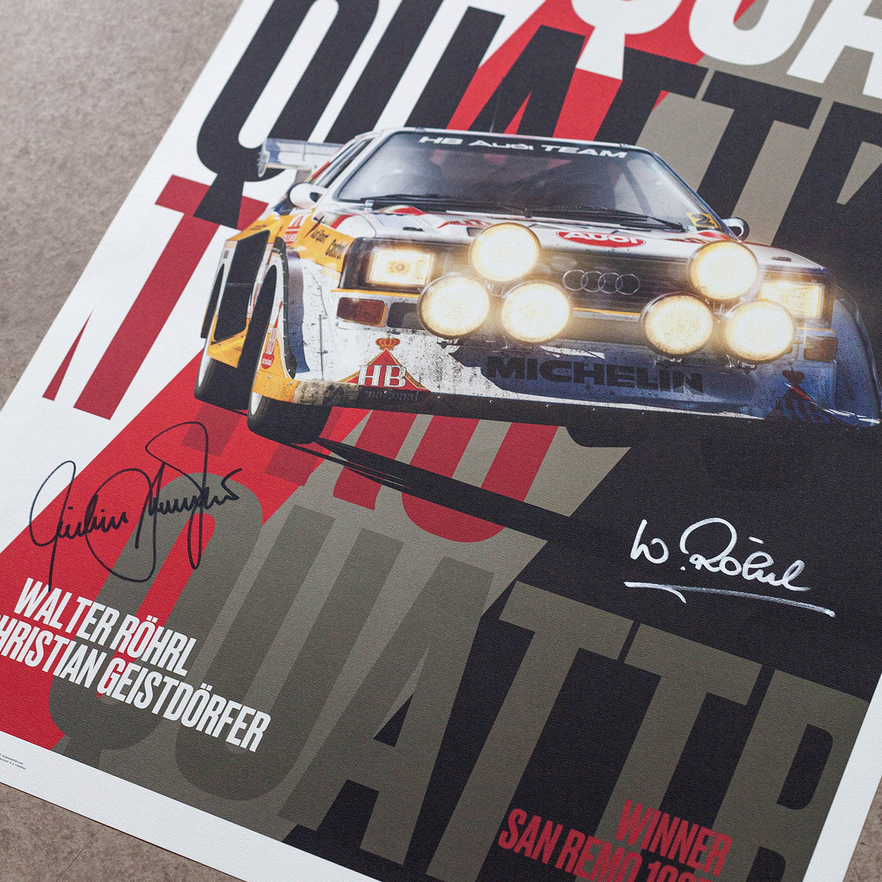 Signed by Walter Röhrl & Christian Geistdörfer - Audi Quattro S1 - Leap - San Remo - 1985 | Limited Edition