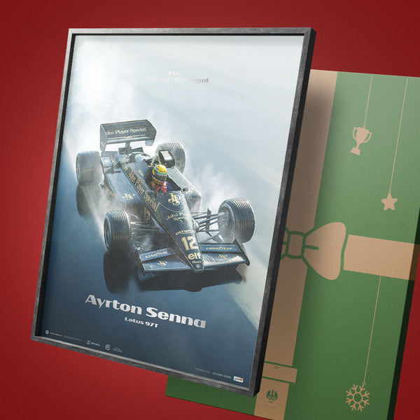 Pre-Framed Poster: Ayrton Senna | 1985 Rainmaster 35th Anniversary Estoril Silver | Collector's Edition Lotus 97T Poster