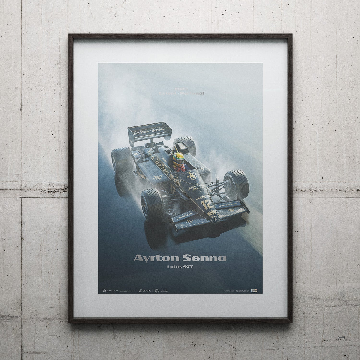 Pre-Framed Poster: Ayrton Senna | 1985 Rainmaster 35th Anniversary Estoril Silver | Collector's Edition Lotus 97T Poster