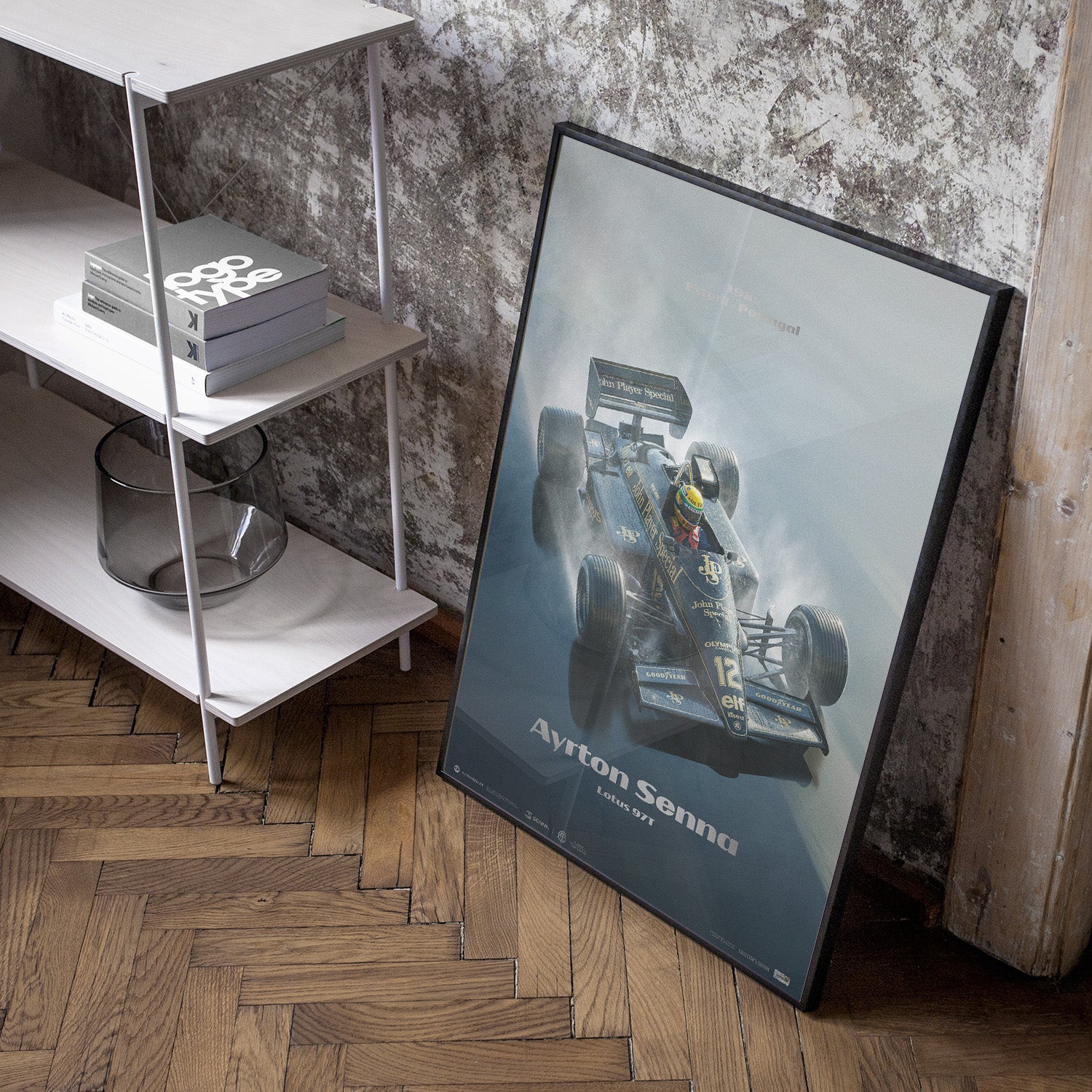 Pre-Framed Poster: Ayrton Senna | 1985 Rainmaster 35th Anniversary Estoril Silver | Collector's Edition Lotus 97T Poster